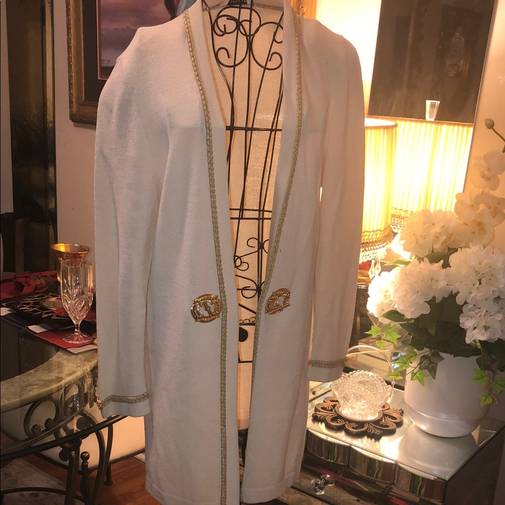 St. John Collection White Long knit Cardigan with Gold Trim